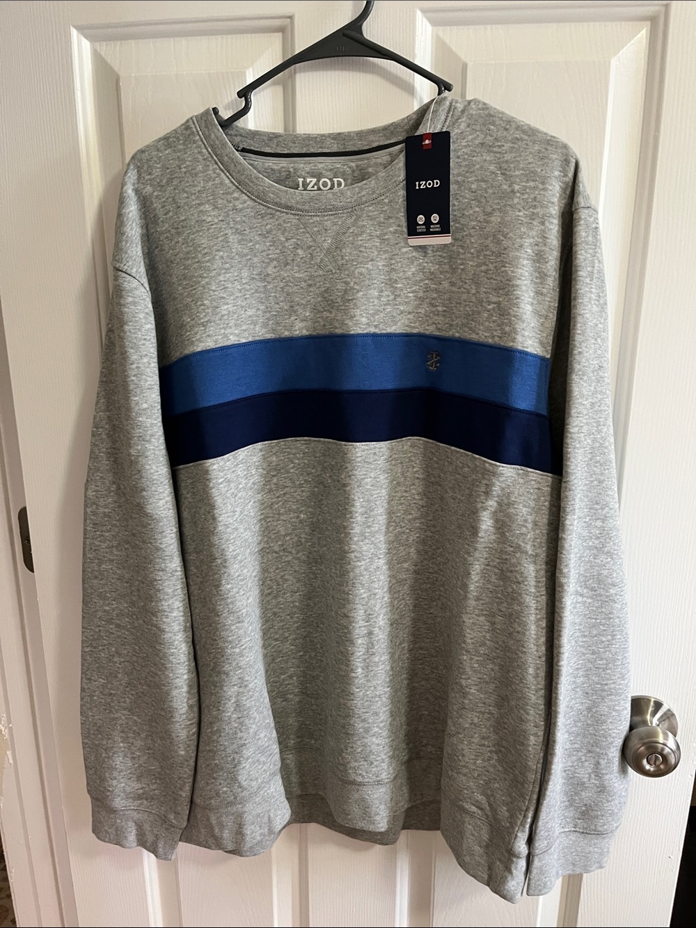 Izod Crewneck Sweater in Heather Gray with Blue and Navy Stripes